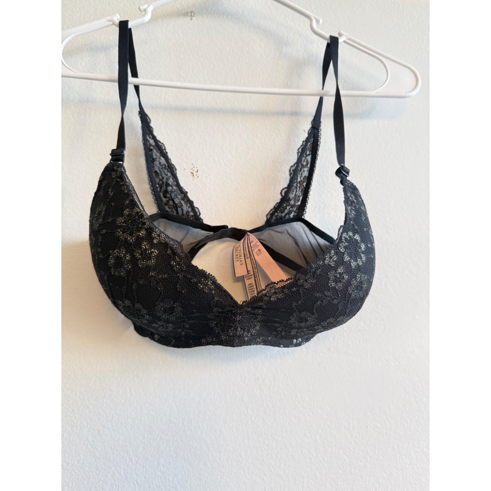 Victoria's Secret Very Sexy‎ Push-Up Bra 32D Black Gold Metallic Lace Racerback